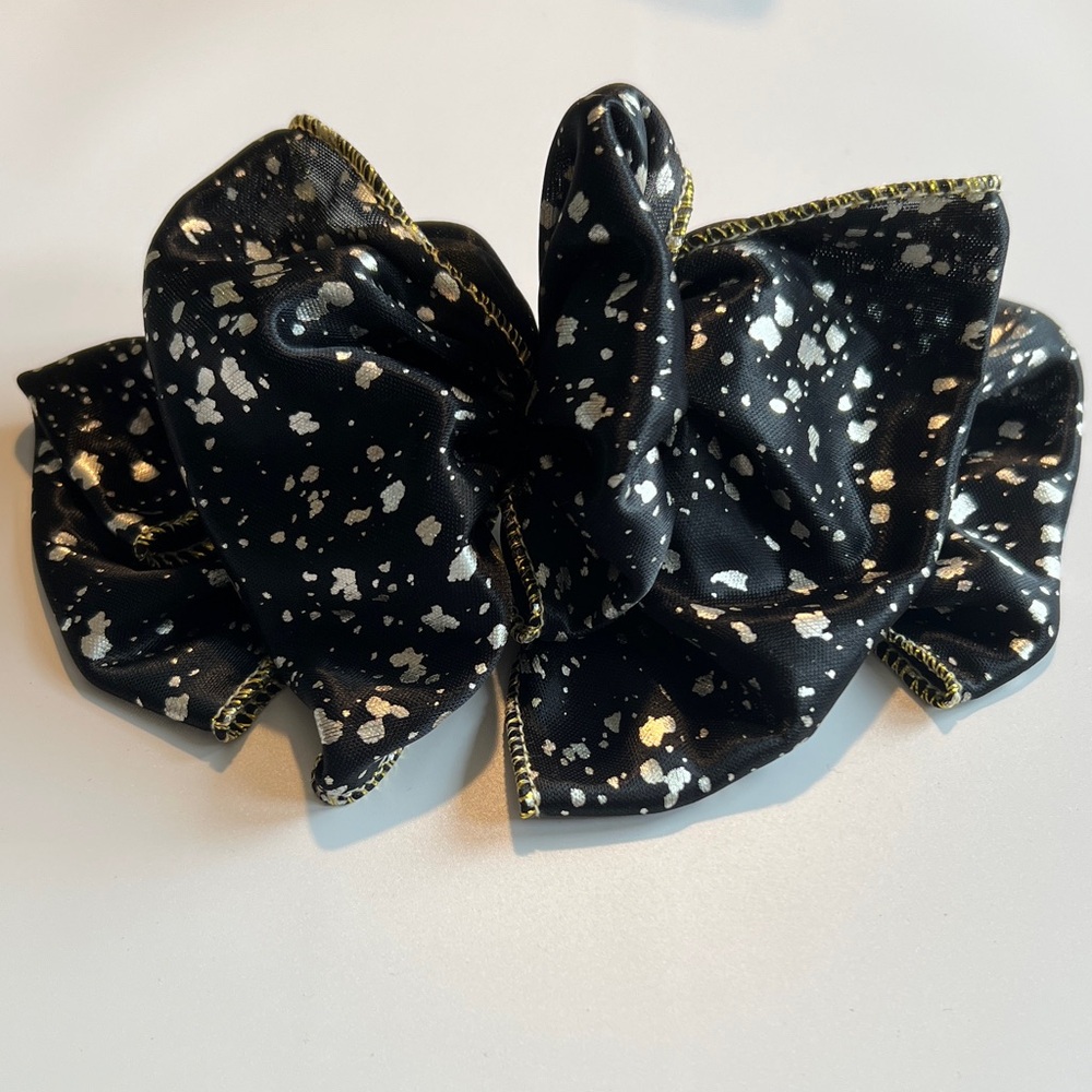 Vintage 80s 90s Goth Black and Gold Satin Big Puffy Barrette Hair Bow